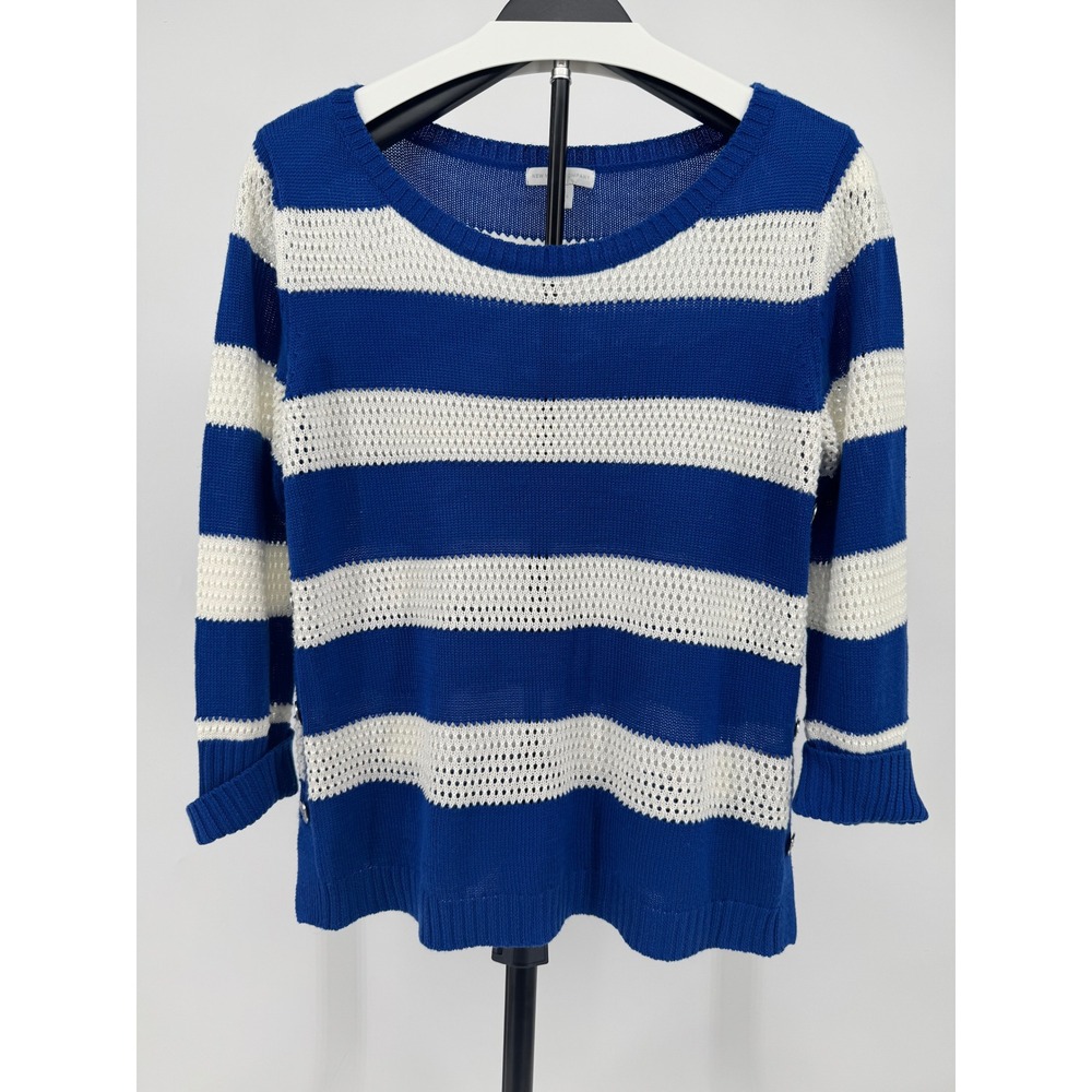 New York & Company Blue White Striped Knit Sweater Side Button Accent Large